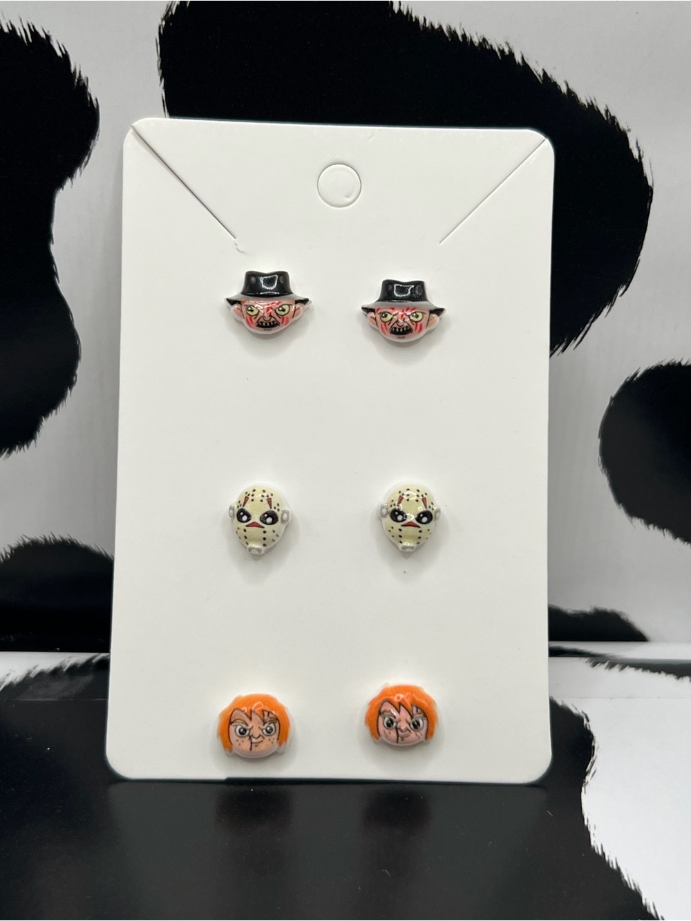 🎩 Handmade Horror Character Stud Earring Set - Freddy, Jason, Chucky 🩸🔪